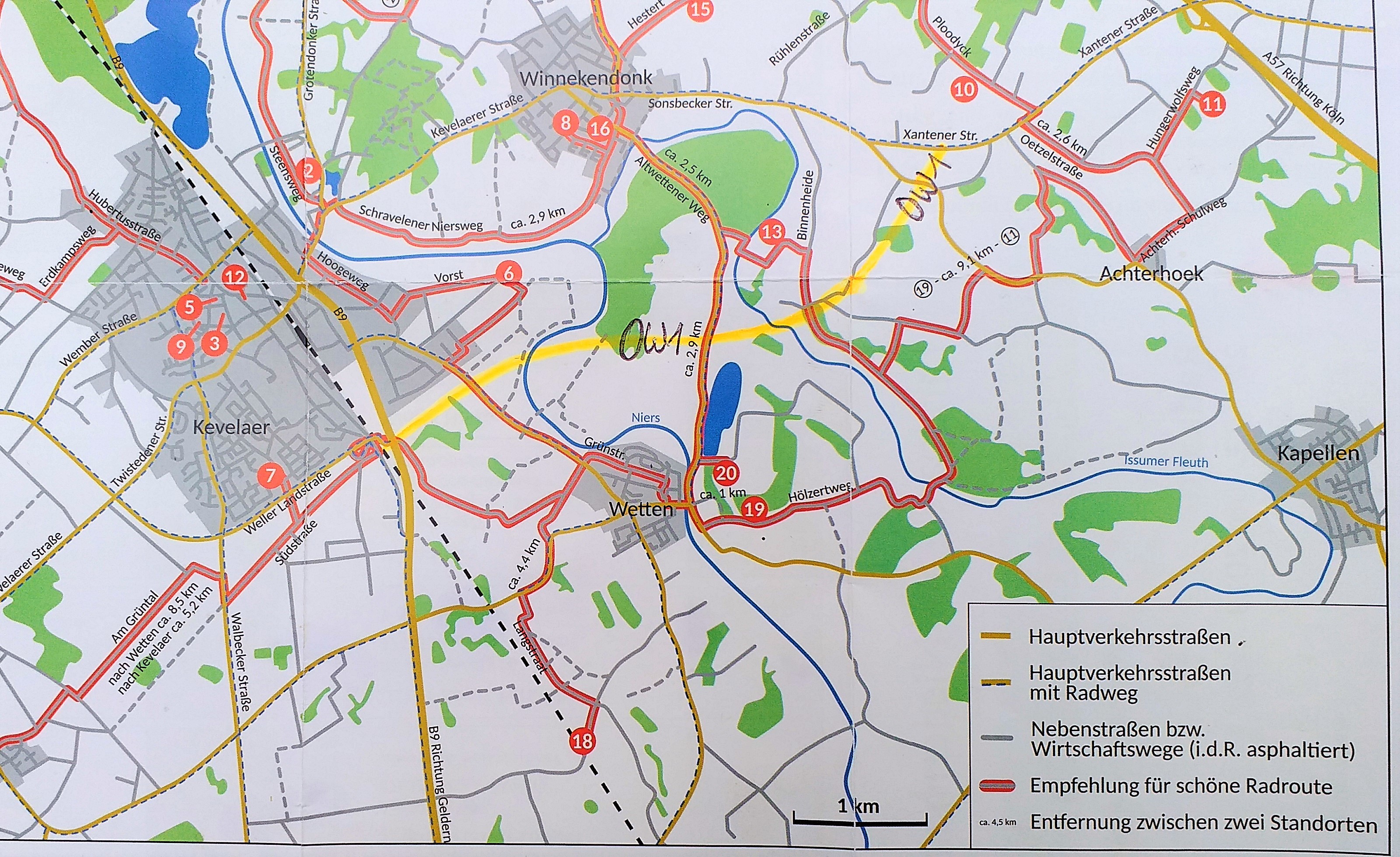 Die rot eingezeichneten Wege sind Teil der Route der Landpartie am Niederrhein 2019